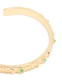 Gold Plated Cluster Green Semi Precious Stone Etched Open Wrist Cuff - link has visual effect only