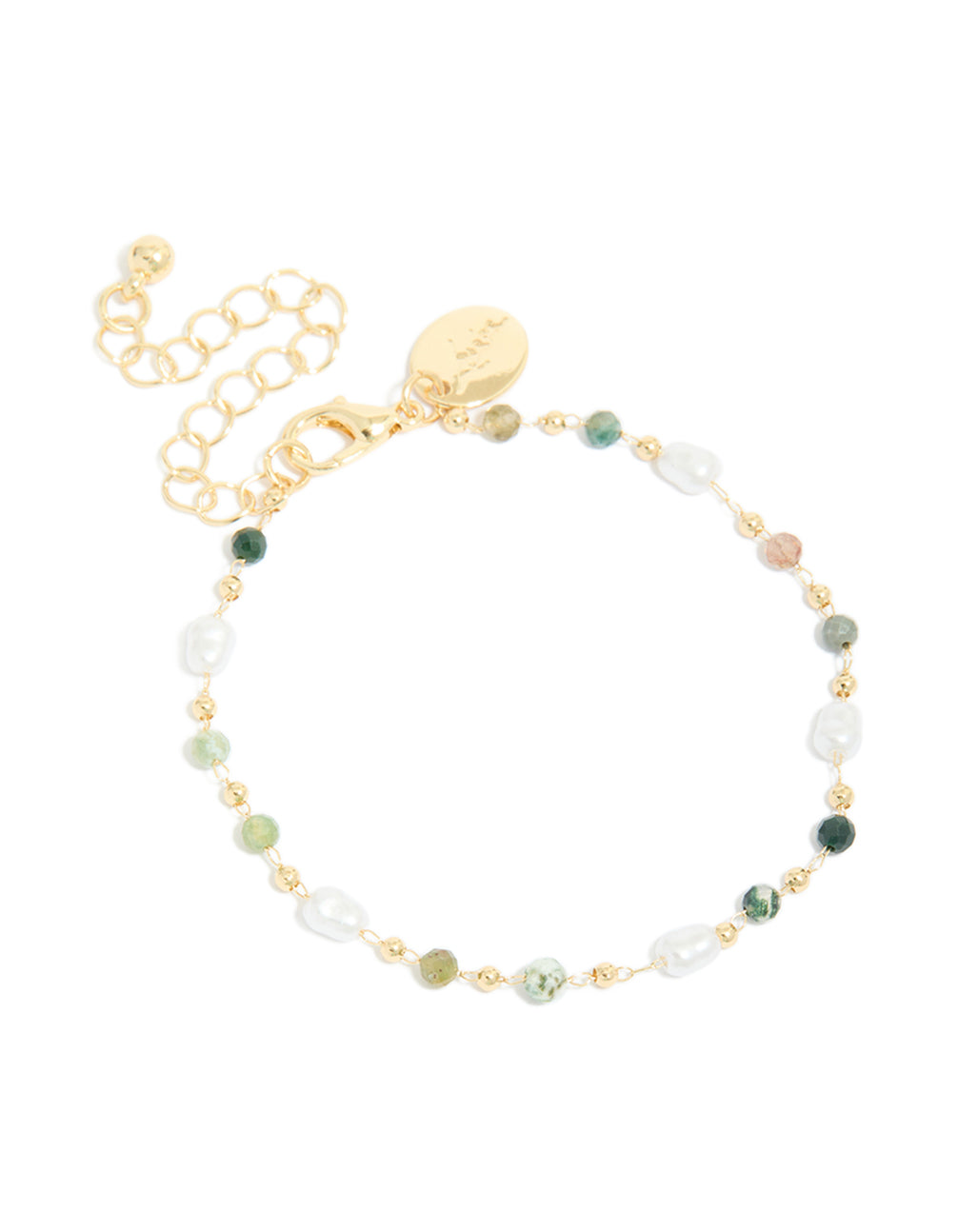 Displaying a gold plated bracelet featuring green beads and pearls front view