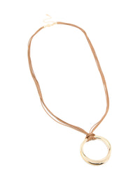 Gold Open Pendant Brown Cord Layered Long Necklace - link has visual effect only