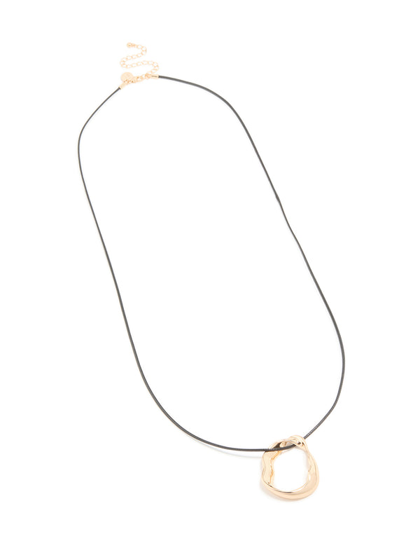 Gold Textured Long Open Pendant Cord Necklace