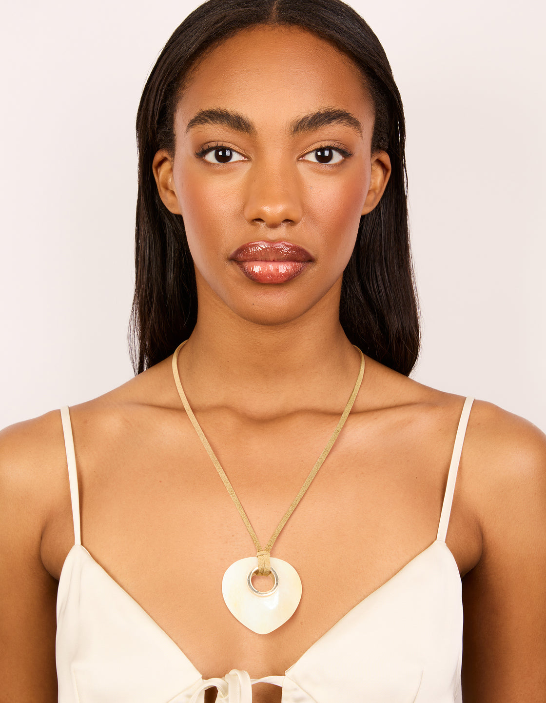 Cream Stone Pendant Brown Cord Necklace