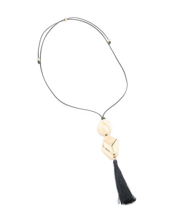 Gold Beaded & Black Tassel Long Necklace