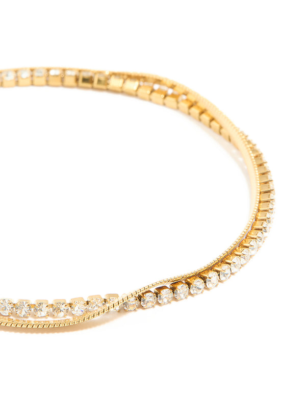 Waterproof Gold Plated Stainless Steel Diamante & Snake Chain Layered Bracelet