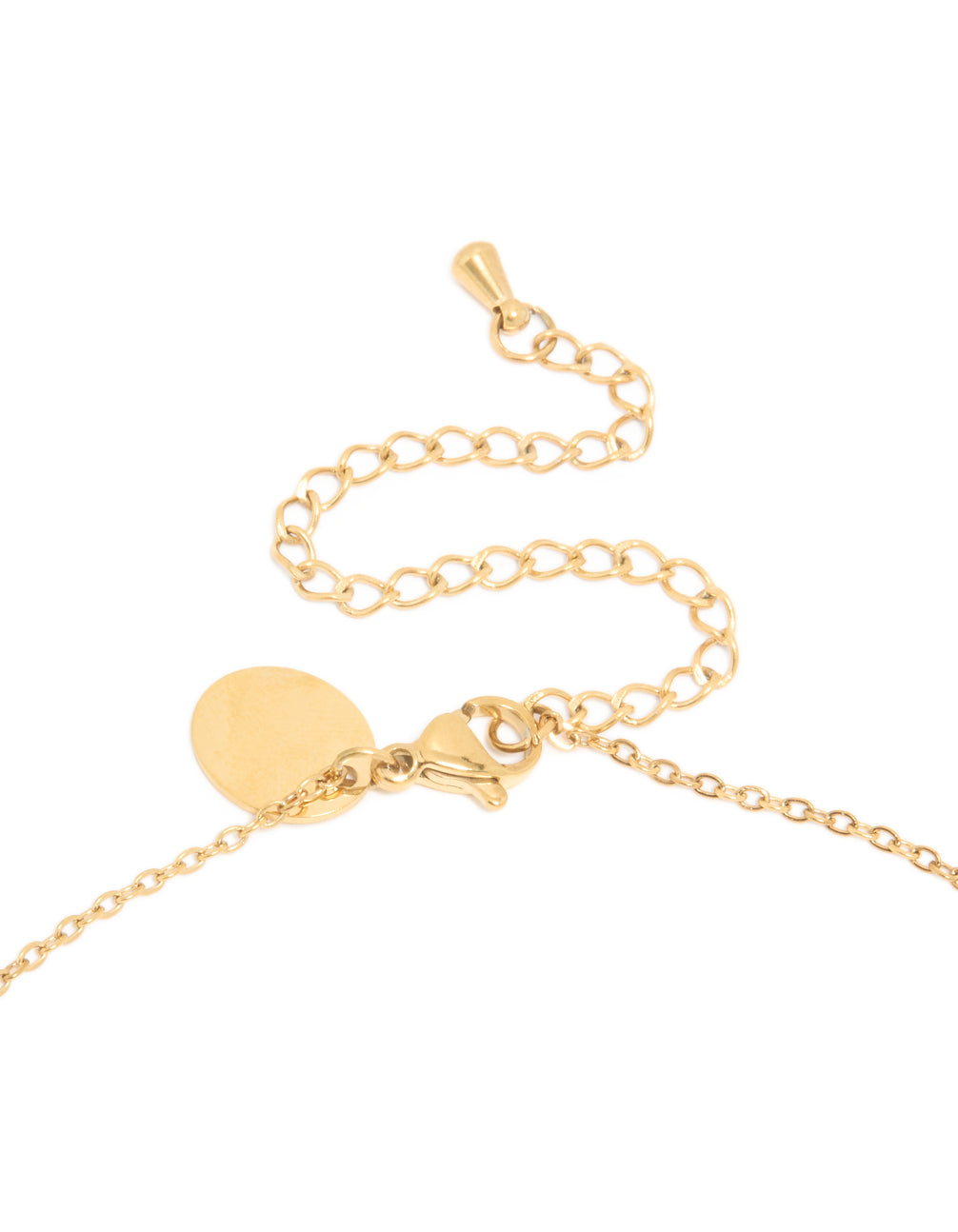 Designed with waterproof gold plated stainless steel, this dainty pendant necklace features letter S in gold showcasing initial clasp detail view