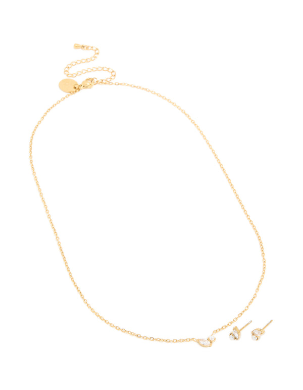 Waterproof Gold Plated Stainless Steel June Cubic Zirconia Birthstone Necklace & Earrings Set