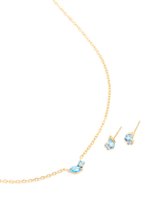 Waterproof Gold Plated Stainless Steel December Cubic Zirconia Blue Birthstone Necklace & Earrings Set