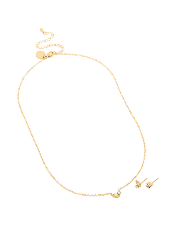 Waterproof Gold Plated Stainless Steel November Green Cubic Zirconia Birthstone Necklace & Earrings Set