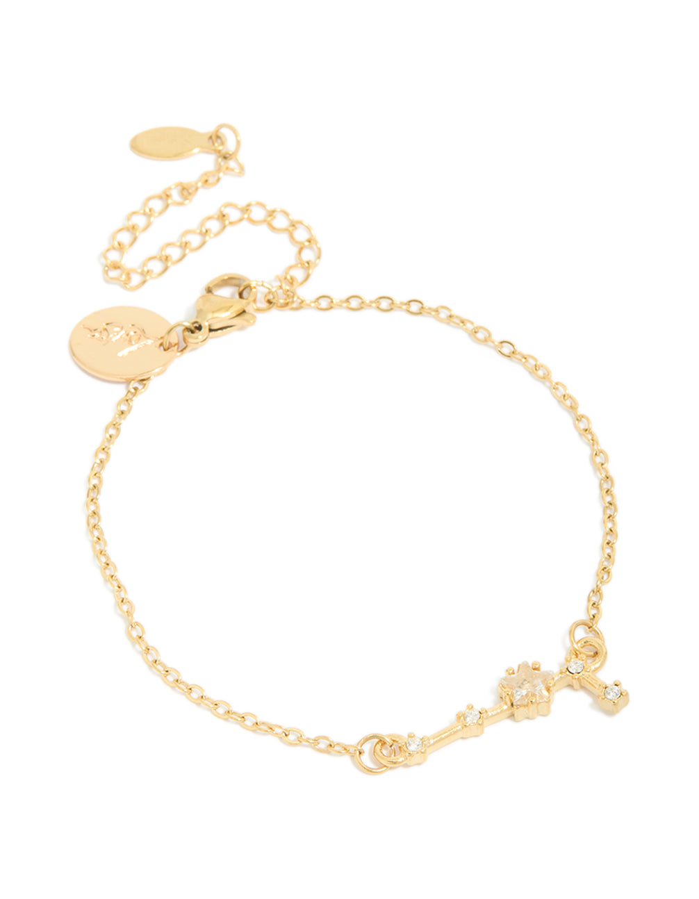 Featuring a waterproof celestial bracelet made of gold plated stainless steel with cubic zirconia and star sign accents front view