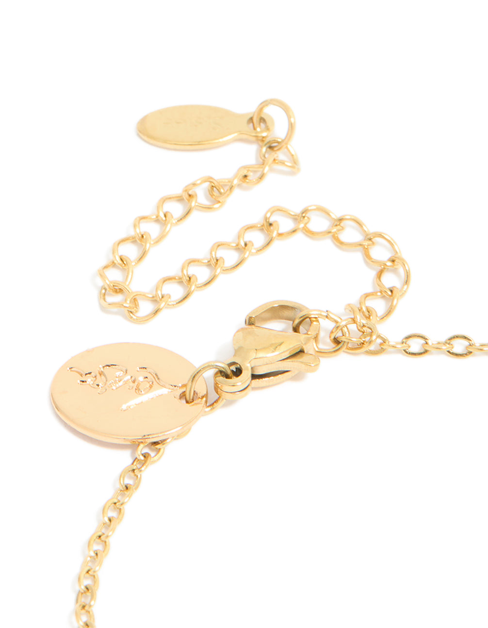Presenting a waterproof celestial bracelet featuring gold plated stainless steel with cubic zirconia and star sign closure detail view