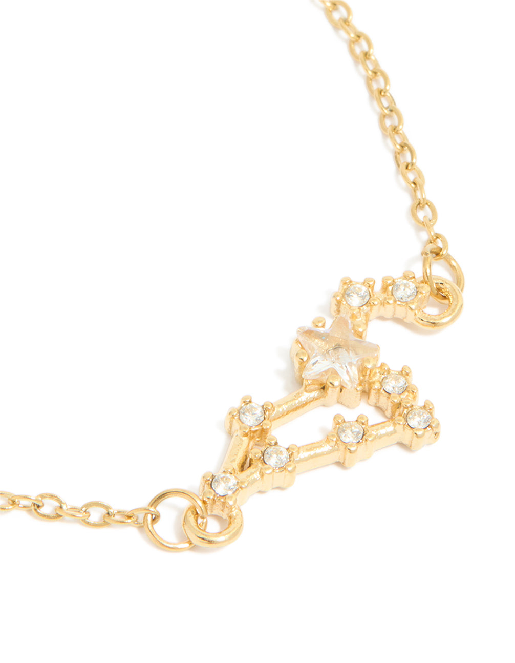 Designed with waterproof gold plated stainless steel and cubic zirconia, Leo zodiac bracelet featuring celestial and star details in statement style close up view