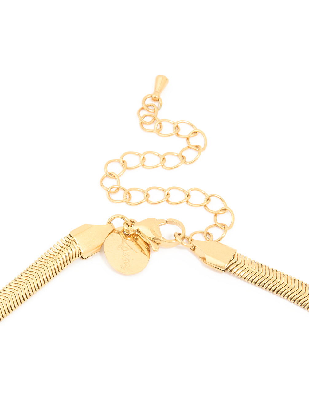 Featuring waterproof construction, this chain necklace in gold plated stainless steel showcases flat detail clasp detail view