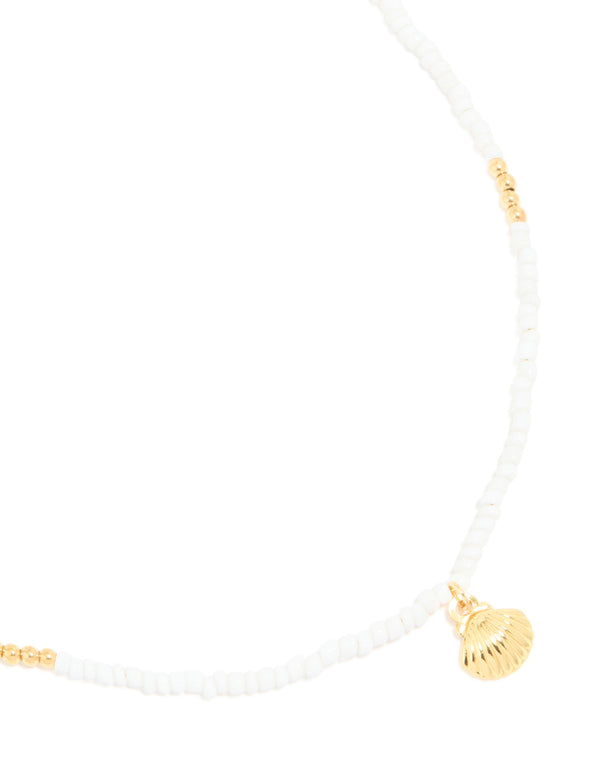 Waterproof Gold Plated Stainless Steel & White Beaded Shell Pendant Necklace