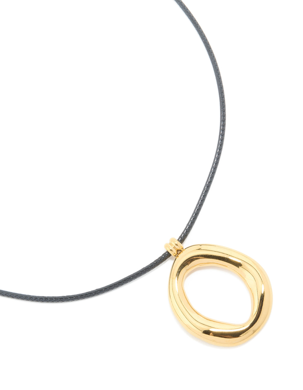 Showcasing a waterproof gold plated organic open pendant cord necklace with stainless steel close up view