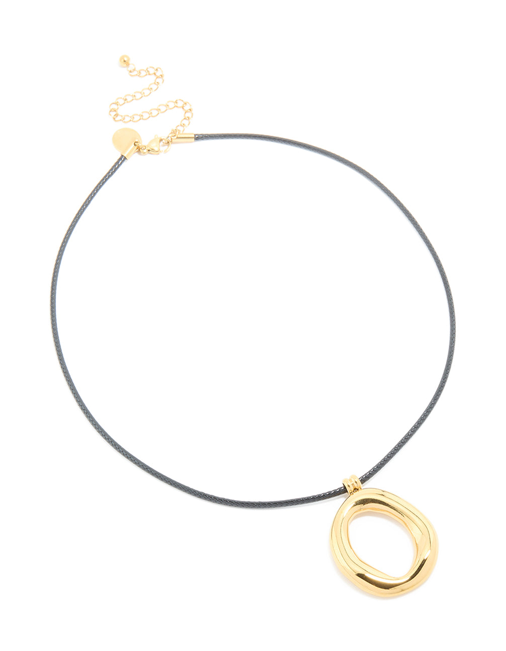Crafted from waterproof gold plated organic open pendant on black cord with stainless steel necklace front view