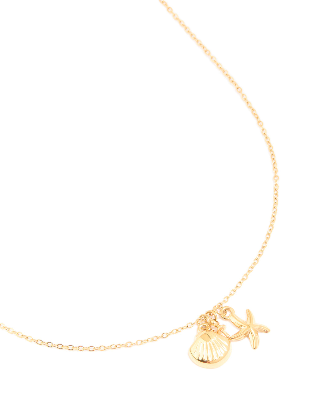 Showcasing ocean charm pendant with shell crafted from waterproof gold plated stainless steel in dainty necklace close up view