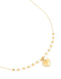 Waterproof Gold Plated Stainless Steel White Beaded Heart Pendant Necklace - link has visual effect only