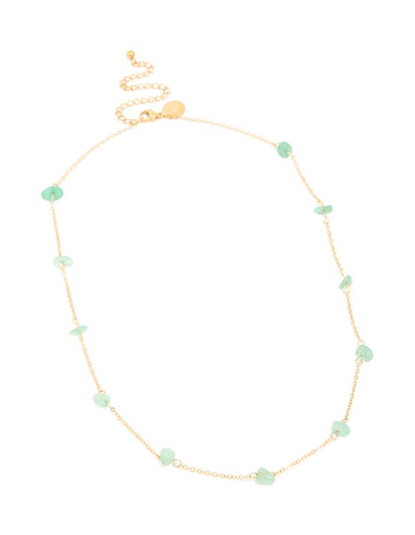 Waterproof Gold Plated Stainless Steel Green Semi Precious Stone Chip Necklace