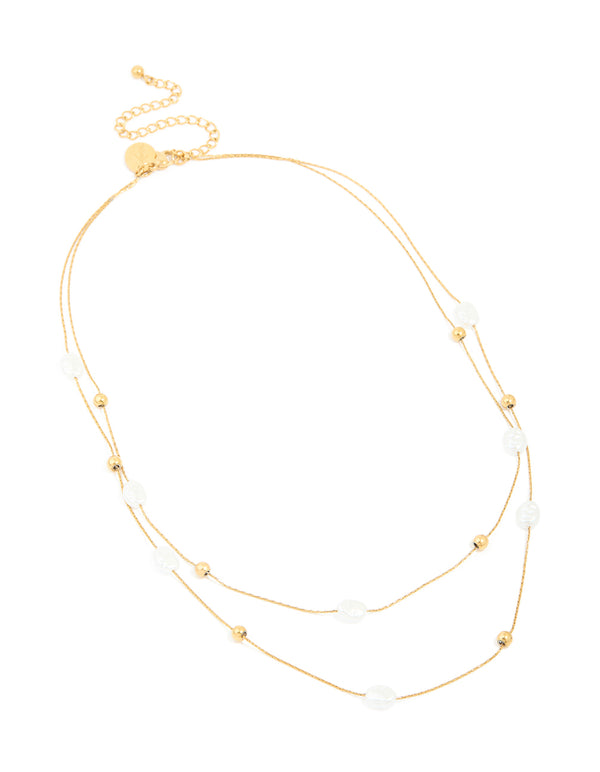 Waterproof Gold Plated Stainless Steel Pearl & Beaded Ball Layered Necklace