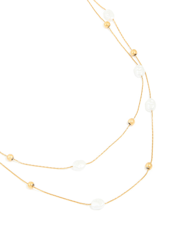 Waterproof Gold Plated Stainless Steel Pearl & Beaded Ball Layered Necklace