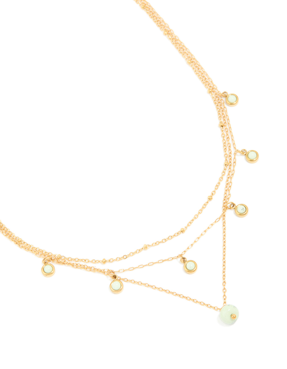Waterproof Gold Plated Stainless Steel Green Jade Semi Precious Stone Pendant & Chain Layered Necklace