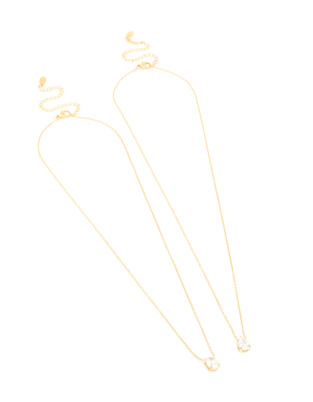 Beautifully crafted waterproof gold plated stainless steel cubic zirconia necklaces 2-pack featuring pendant with pear stone cut crystal and dainty design front view