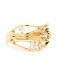 Waterproof Gold Plated Stainless Steel Cubic Zirconia Multi Waves Ring - link has visual effect only