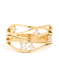 Waterproof Gold Plated Stainless Steel Cubic Zirconia Multi Waves Ring - link has visual effect only