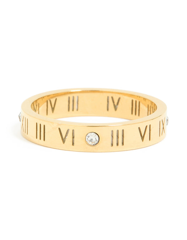 Waterproof Gold Plated Stainless Steel Cubic Zirconia Roman Numeral Band Ring