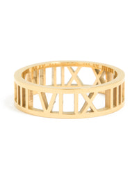 Featuring cut-out Roman numeral ring crafted from waterproof gold plated stainless steel in chunky style front view - link has visual effect only