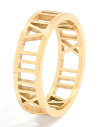 Waterproof gold plated stainless steel cut-out Roman numeral ring in chunky style side detail view - link has visual effect only