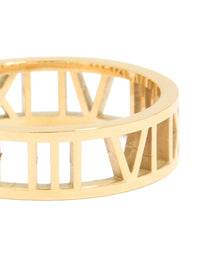 Designed with cut-out Roman numerals, waterproof gold plated stainless steel ring in chunky style close up view - link has visual effect only