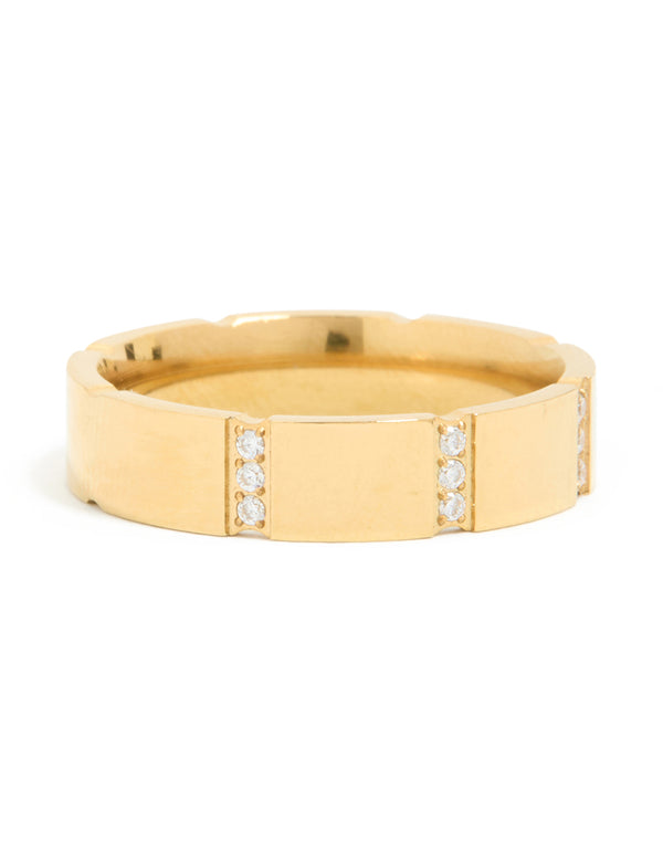 Waterproof Gold Plated Stainless Steel Cubic Zirconia Trio Stripe Ring