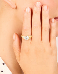 Waterproof Gold Plated Stainless Steel Oval Cubic Zirconia Ribbed Ring - link has visual effect only