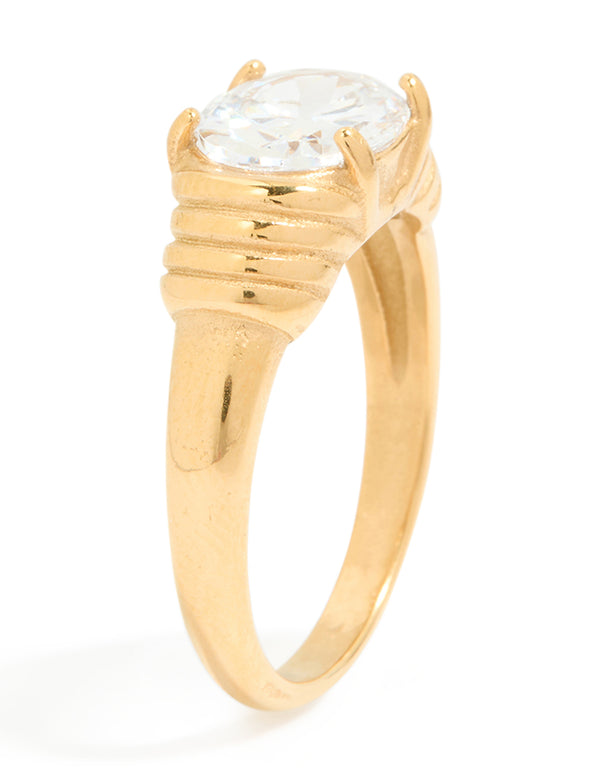 Waterproof Gold Plated Stainless Steel Oval Cubic Zirconia Ribbed Ring