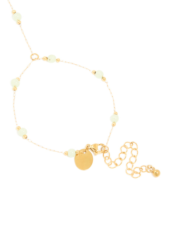 Waterproof Gold Plated Stainless Steel Green Jade Semi Precious Stone Hand Chain