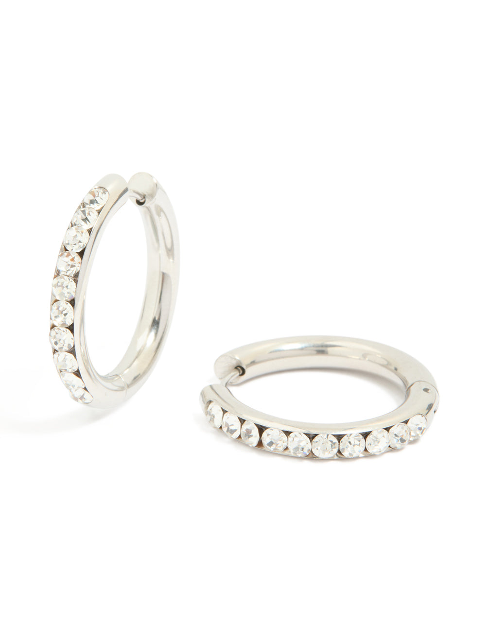 Showcasing waterproof stainless steel half diamante hinge hoop earrings crafted from silver in clear stone front view
