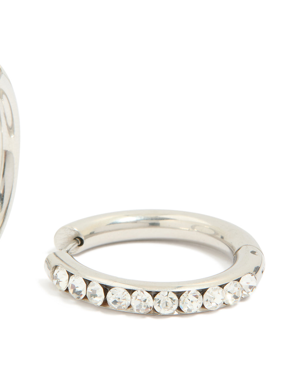 Presenting waterproof stainless steel half diamante hinge hoop earrings crafted from silver in clear stone post detail view