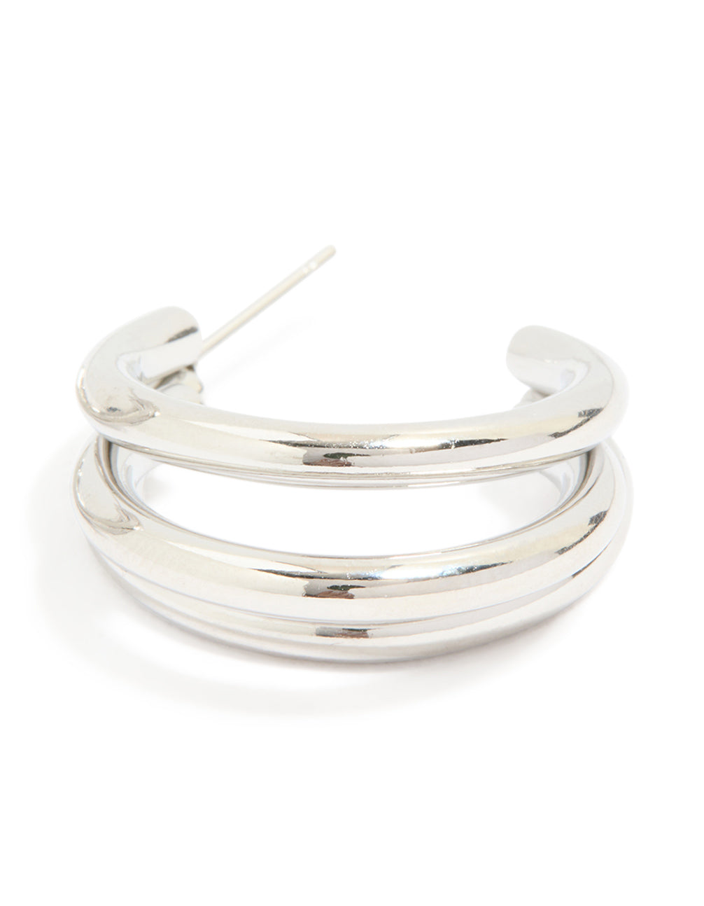 Highlighting waterproof stainless steel triple prong hoop earrings in silver post detail view