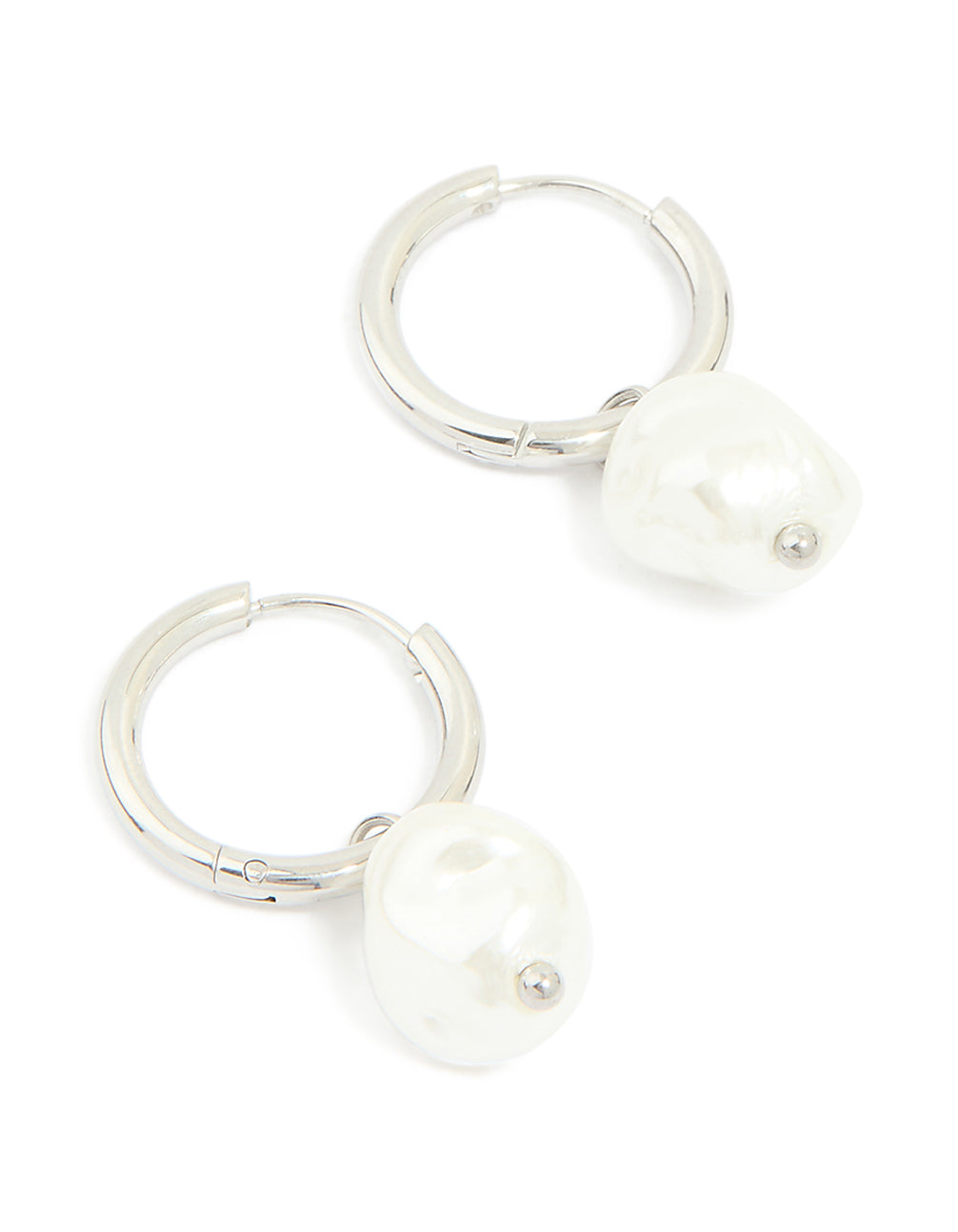 Elegant waterproof stainless steel pearl huggie earrings in white and silver front view