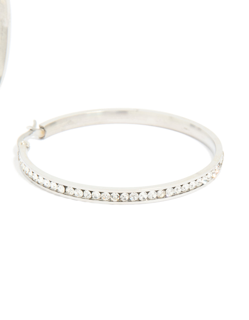Expertly crafted waterproof stainless steel diamante hoop earrings in 45 MM with silver and clear tones post detail view