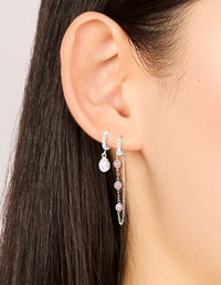 Waterproof Stainless Steel Pink Cubic Zirconia Chain Droplet & Classic Huggie Earrings 2-Pack - link has visual effect only
