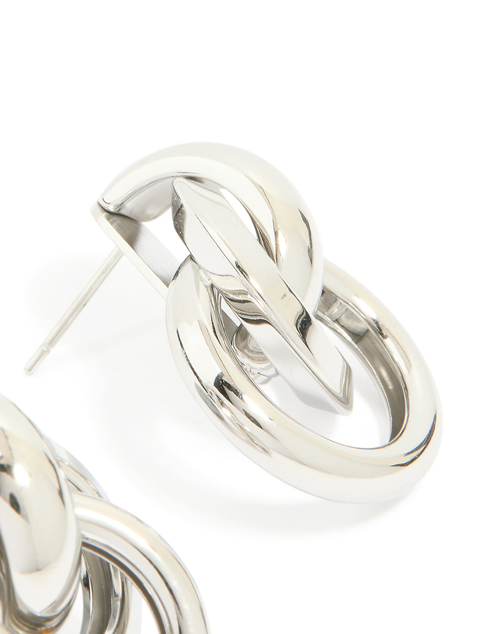 Highlighting waterproof stainless steel knotted link drop earrings in silver post detail view