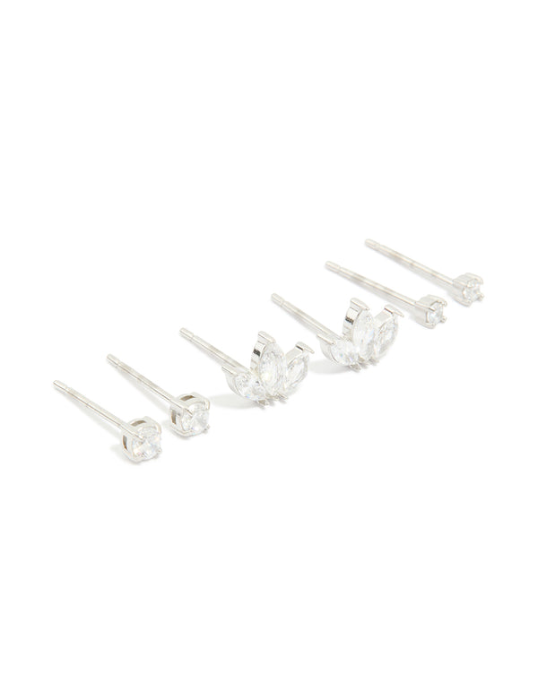 Waterproof Stainless Steel Cubic Zirconia Fine Marquise & Classic Stud Earrings 3-Pack