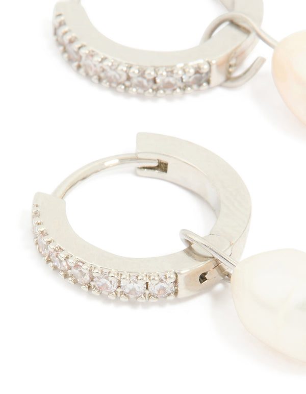 Waterproof Stainless Steel Diamante Freshwater Pearl Drop Huggie Earrings