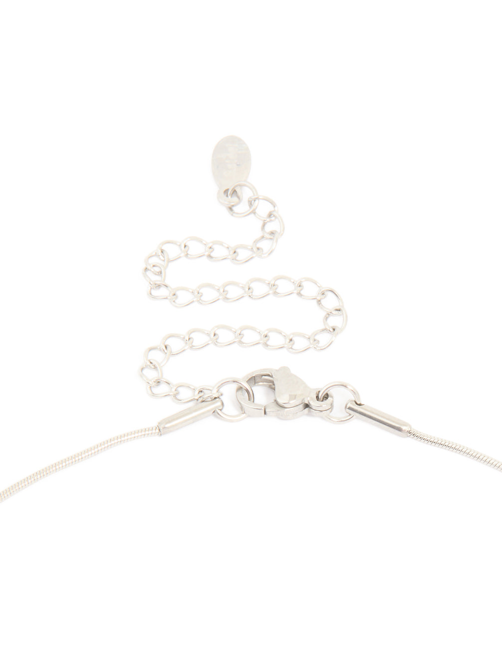 Explore a waterproof stainless steel U-shape pendant necklace in silver clasp detail view