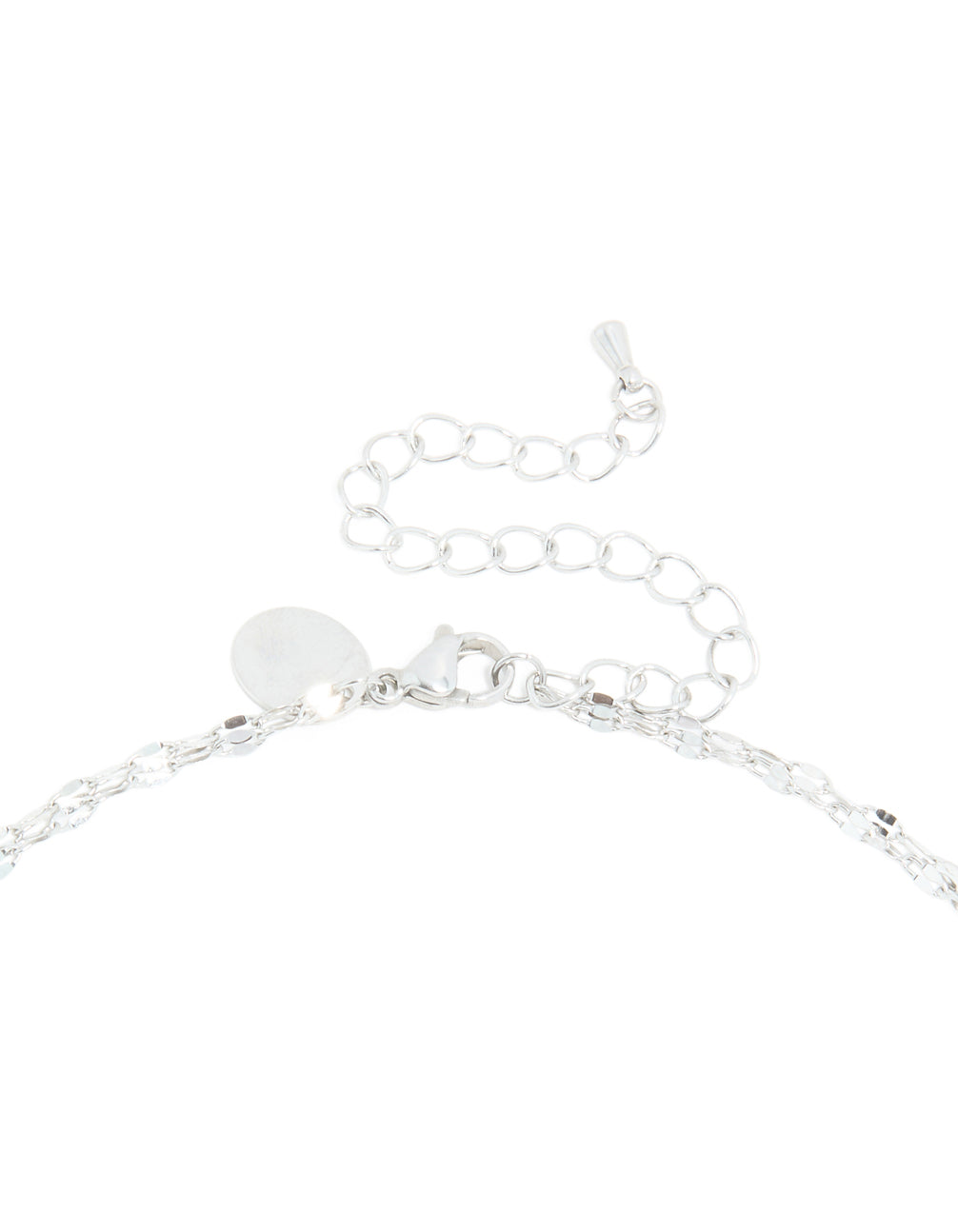Explore this waterproof stainless steel multi layered chain Y-necklace in silver featuring dainty style clasp detail view