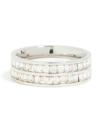 Showcasing a waterproof stainless steel square cubic zirconia double layered ring in silver and clear stone front view - link has visual effect only