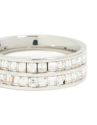 A waterproof stainless steel square cubic zirconia double layered ring in silver and clear stone close up view - link has visual effect only