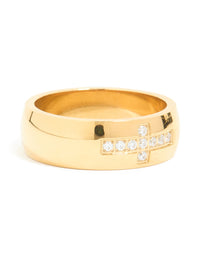 Waterproof Gold Plated Stainless Steel Cubic Zirconia Pave Cross Thick Ring - link has visual effect only
