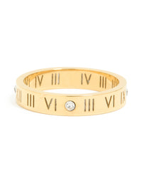 Waterproof Gold Plated Stainless Steel Cubic Zirconia Roman Numeral Band Ring - link has visual effect only